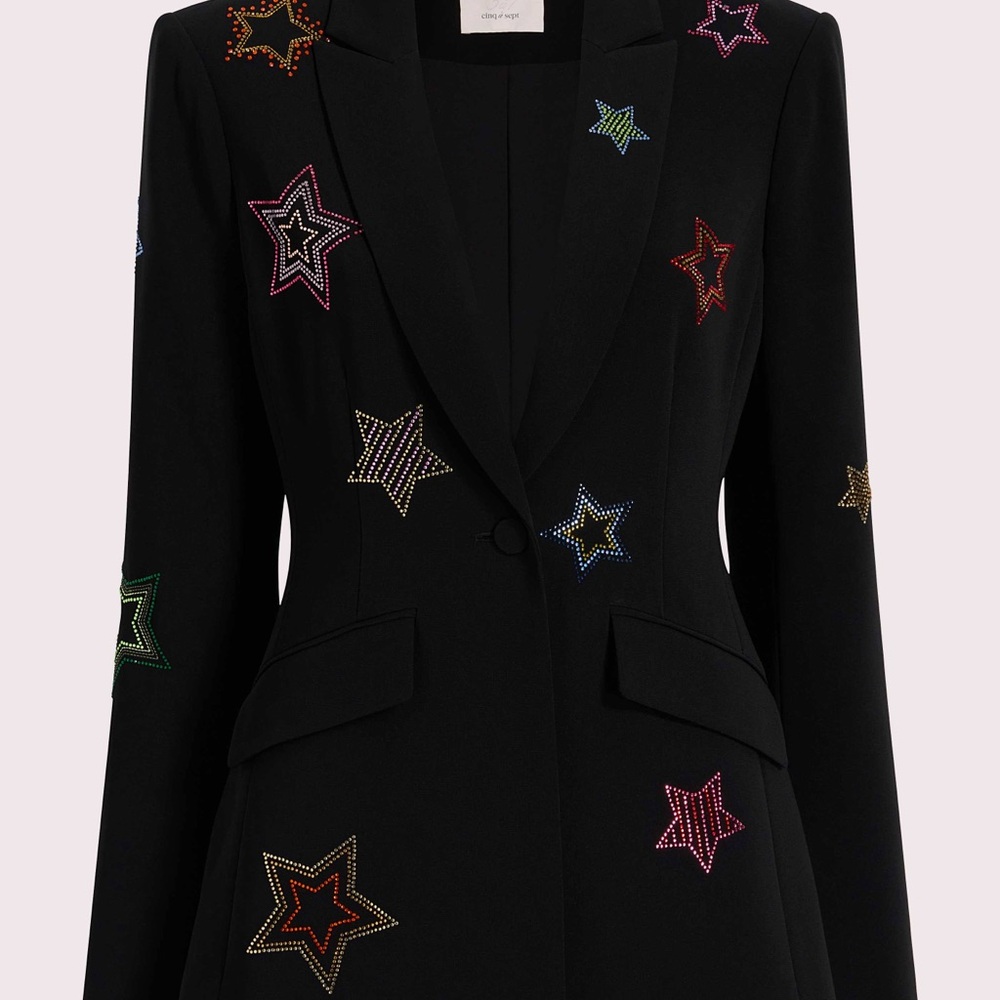 Cinq à Sept Black Blazer with multi - colored Rhinestone Star Embellishments - Picture 2 of 11